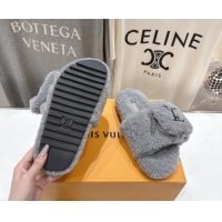Luxury Louis Vuitton Shearling Flat Slides Sandal with Zip Pouch Grey LV082905 0829106