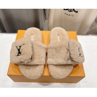 Popular Style Louis Vuitton Shearling Flat Slides Sandal with Zip Pouch Beige 2025 LV082905 0829107