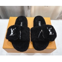 Unique Style Louis Vuitton Shearling Flat Slides Sandal with Zip Pouch Black LV082905 0829108