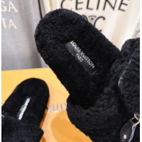 Unique Style Louis Vuitton Shearling Flat Slides Sandal with Zip Pouch Black LV082905 0829108