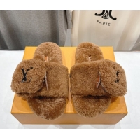 Good Quality Louis Vuitton Shearling Flat Slides Sandal with Zip Pouch Brown LV082905 0829109