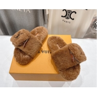 Good Quality Louis Vuitton Shearling Flat Slides Sandal with Zip Pouch Brown LV082905 0829109