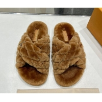 Grade Louis Vuitton LV Bliss Comfort Shearling Flat Slides Sandal Brown 1ACTEA 0829112