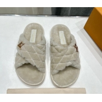 Shop Duplicate Louis Vuitton LV Bliss Comfort Shearling Flat Slides Sandal Grey 1ACTEA 0829113