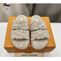 Best Product Louis Vuitton LV Bliss Comfort Shearling Platform Slides Sandal Grey LV082906 0829114