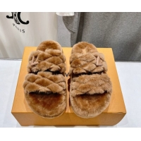 Discount Louis Vuitton LV Bliss Comfort Shearling Platform Slides Sandal Brown LV082906 0829117