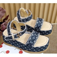 Good Quality Louis Vuitton Maya Platform Sandals 7cm in Monogram Jacquard Dark Blue 1AHNOK 0829128
