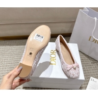 Charming Dior Ballet Pumps 3cm in Quilted Cannage Tweed with Pearl Bow Pink 0822009