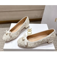 Grade Quality Dior Ballet Pumps 3cm in Quilted Cannage Tweed with Pearl Bow Beige 0822010