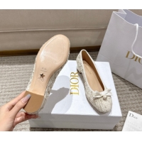 Grade Quality Dior Ballet Pumps 3cm in Quilted Cannage Tweed with Pearl Bow Beige 0822010