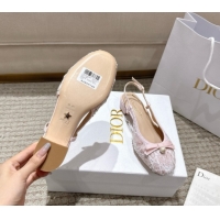 Top Grade Dior Ballet Slingback Pumps 3cm in Quilted Cannage Tweed with Pearl Bow Pink 0822015