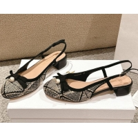 Durable Dior Ballet Slingback Pumps 3cm in Raffia Straw Like with Pearl Bow Beige/Black 0822021