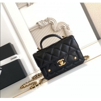 Super Quality Chanel Shiny Lambskin Clutch with chain and Top Handle Bag AP4675 Black 2025