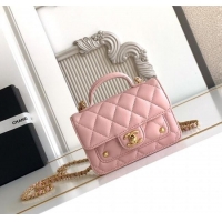 Buy Discount Chanel Shiny Lambskin Clutch with chain and Top Handle Bag AP4675 Light Pink 2025