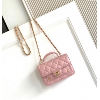 Buy Discount Chanel Shiny Lambskin Clutch with chain and Top Handle Bag AP4675 Light Pink 2025