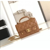 Promotional Chanel Shiny Lambskin Clutch with chain and Top Handle Bag AP4675 Brown 2025