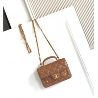 Promotional Chanel Shiny Lambskin Clutch with chain and Top Handle Bag AP4675 Brown 2025