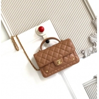 Best Price Chanel Shiny Lambskin Wallet with chain and Top Handle Bag AP4674 Brown 2025