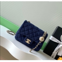 Latest Style Chanel Velvet Mini Square Flap Bag with Strass Ball AS1786 Dark Blue 2025