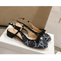 Best Price Dior Ballet Slingback Pumps 3cm in Quilted Cannage Tweed with Pearl Bow Blue 0822022