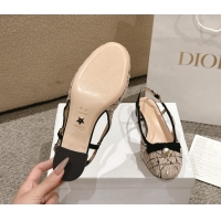 Top Grade Dior Ballet Slingback Pumps 3cm in Cannage Tweed with Pearl Bow Beige/Black 0822023