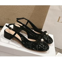 Charming Dior Ballet Slingback Pumps 3cm in Quilted Cannage Tweed with Pearl Bow Black 0822024