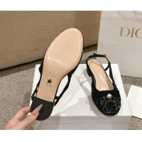 Charming Dior Ballet Slingback Pumps 3cm in Quilted Cannage Tweed with Pearl Bow Black 0822024