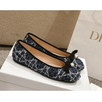 Best Product Dior Ballet Flats in Quilted Cannage Tweed with Pearl Bow Blue 0822025