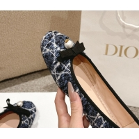 Best Product Dior Ballet Flats in Quilted Cannage Tweed with Pearl Bow Blue 0822025