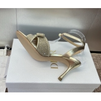Popular Style Dior Or Adiorable Heeled Sandals 7cm in Embroidered Cotton and Lambskin with Strass, Pearls and Bow Gold 0