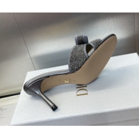 Perfect Dior Or Adiorable Heeled Slides Sandal 7cm in Embroidered Cotton and Lambskin with Strass, Pearls and Bow Grey 0
