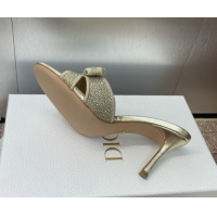 Generous Dior Or Adiorable Heeled Slides Sandal 7cm in Embroidered Cotton and Lambskin with Strass, Pearls and Bow Gold 