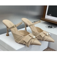 Buy Luxury Dior Adiorable Heeled Strap Mules 7cm in Fringed Grosgrain with Pearls Bow Beige 0822033