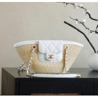 New Stylish Chanel Raffia Straw and Calfskin Small Shopping Bag AS5951 White/Beige 2025