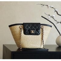 Modern Classic Chanel Raffia Straw and Calfskin Large Shopping Bag AS5951 Beige/Black 2025
