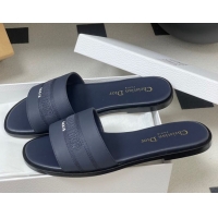 Low Price Dior Dway Flat Slides Sandal in Grained Calfskin Leather Deep Blue 50822066