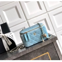 New Product Chanel Velvet Vanity Case with Chain and Strass Ball CH101007 Ice Blue 2025