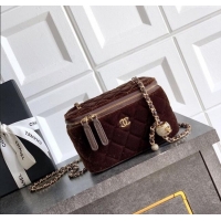 New Style Chanel Velvet Vanity Case with Chain and Strass Ball CH101007 Coffee Brown 2025