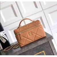 Cheapest Chanel Grained Shiny Calfskin Vanity Case with Chain and Top Handle AP4936 Caramel Brown 2025