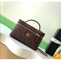 Newly Launched Chanel Grained Shiny Calfskin Vanity Case with Chain and Top Handle AP4936 Dark Brown/Gold 2025