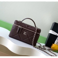 New Stylish Chanel Grained Shiny Calfskin Vanity Case with Chain and Top Handle AP4936 Dark Brown/Silver 2025