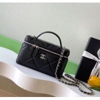 Luxury New Chanel Grained Shiny Calfskin Vanity Case with Chain and Top Handle AP4936 Black/Silver 2025