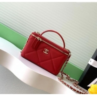 New Design Chanel Grained Shiny Calfskin Long Vanity with Chain and Top Handle AP4933 Red 2025