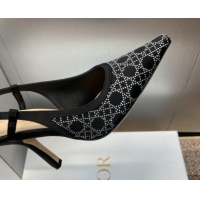 Luxury Discount Dior Capture Slingback Pumps 9.5cm in Satin with Strass Cannage Motif Black 0822079