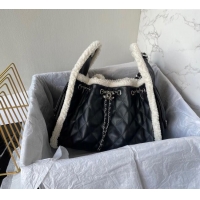 Top Design Chanel Quilted Calfskin 25 Small Handbag with Furry Charm AS5293 Black/Silver 2025