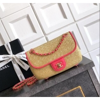 Spot Bulk Chanel Raffia Straw and Calfskin Small Flap Bag AS5929 Beige/Pink 2025