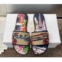 Stylish Dior Dway Flat Slides Sandal in Straw and Embroidered Cotton Deep Blue DR082204 0822088