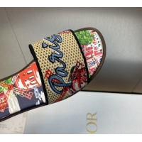 Stylish Dior Dway Flat Slides Sandal in Straw and Embroidered Cotton Deep Blue DR082204 0822088