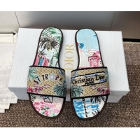 Sumptuous Dior Dway Flat Slides Sandal in Straw and Embroidered Cotton Light Blue DR082204 0822090
