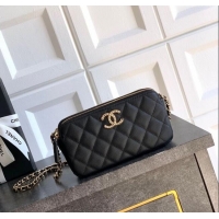 Good Quality Chanel Grained Calfskin Zipped Phone Holder with Chain and Strass CH101102 Black 2025
